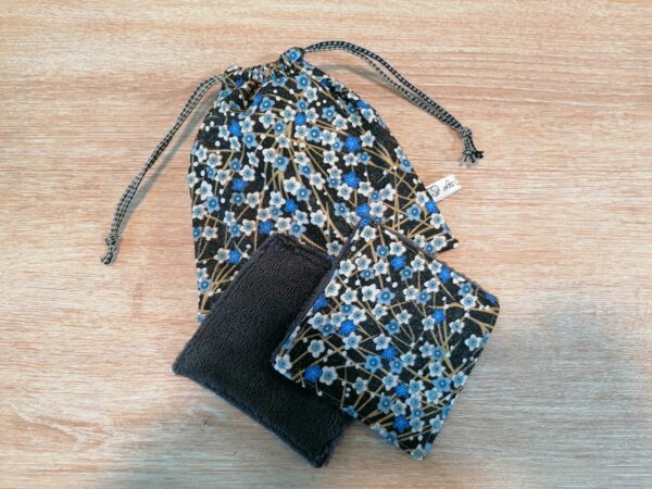 Pochon 7 lingettes - Fleurs miyu bleu / noir