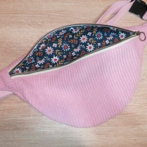 Banane basique - Velours rose clair / Fleurs bleu marine