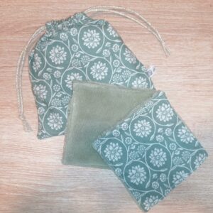 Pochon 7 lingettes - Fleurs vintage vert / vert
