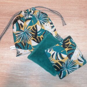 Pochon 7 lingettes - Feuillage turquoise moutarde / bleu turquoise